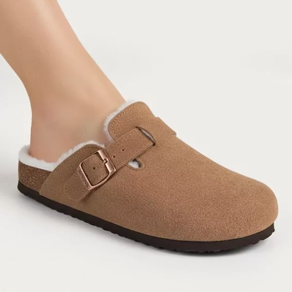 suede clogs, taupe clogs, cork footbed clogs